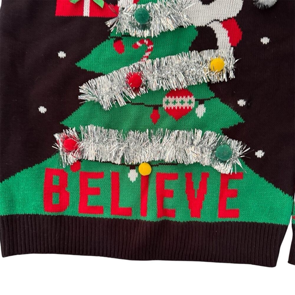No Boundaries Women Black Christmas Sweater Santa and Tree Tinsel Size L 11-13 - Picture 3 of 7
